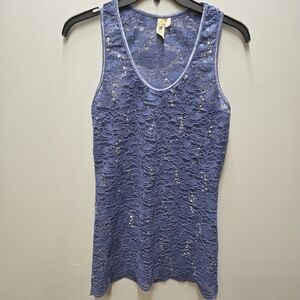 BKE Women's Medium Lace Floral Sequin Tank Top Blue Fitted Sheer